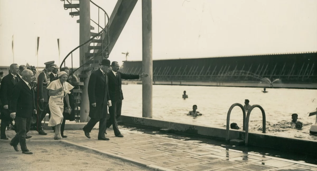 Basen solankowy w Ciechocinku, 1932 r., prezydent Ignacy Mościcki podczas otwarcia obiektu, fot. z zasobów NAC