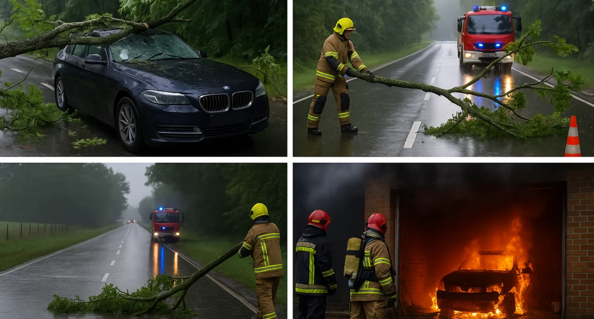 Pożary interwencje straży , Niszczycielska Włocławku okolicach Drzewo spadło zalana droga pożar garażu - zdjęcie, fotografia