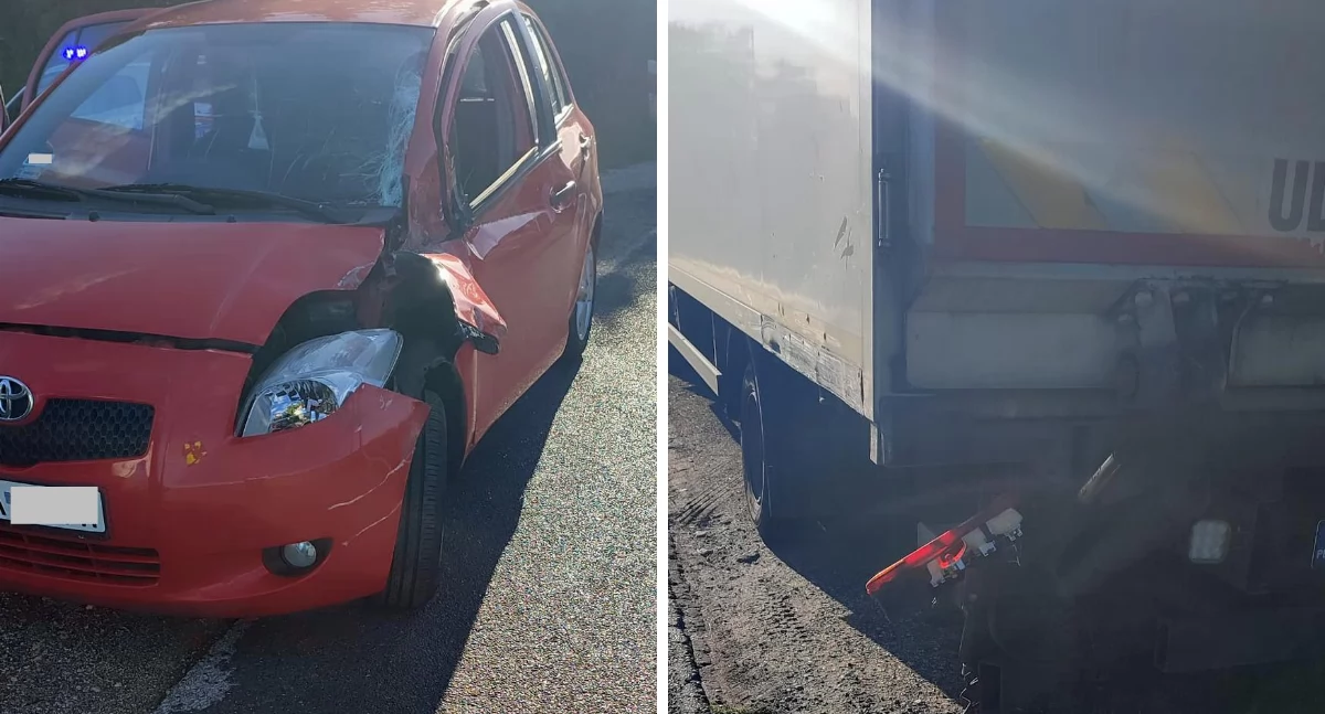 Wypadki drogowe, Zderzenie ciężarówki osobówką Piotrkowie Kujawskim - zdjęcie, fotografia
