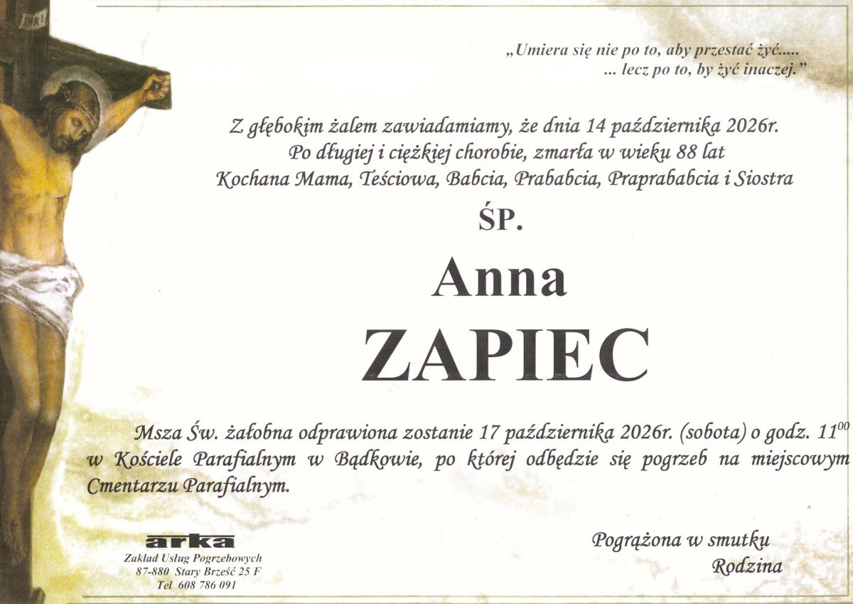 Nekrolog: śp. Anna Zapiec, zm. 14 października 2026 r.