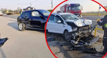 Groźne zderzenie na obwodnicy Lubrańca. Nissan i Ford rozbite, pasażerka trafiła do szpitala